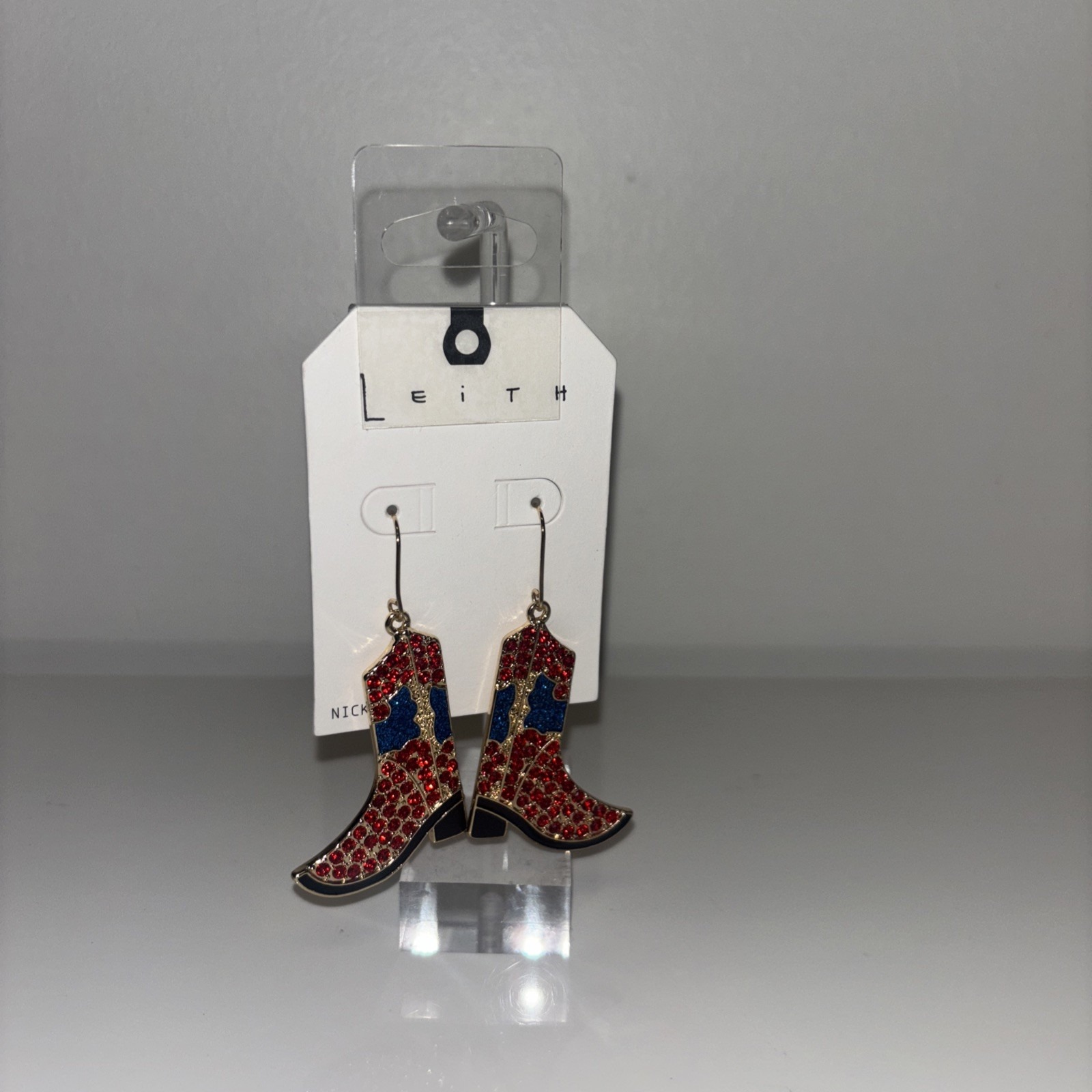 Leith Red Blue Rhinestone Cowboy Boot Dangle Earrings